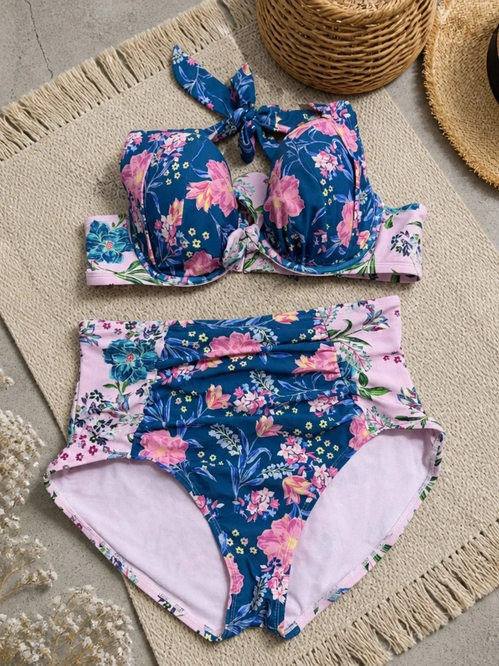 Adore Me Navy and Pink Floral High-Waist Bikini